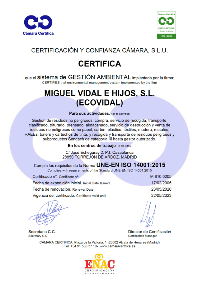 Certificado de la camara oficial de comercio e industria de Madrid ISO 14001