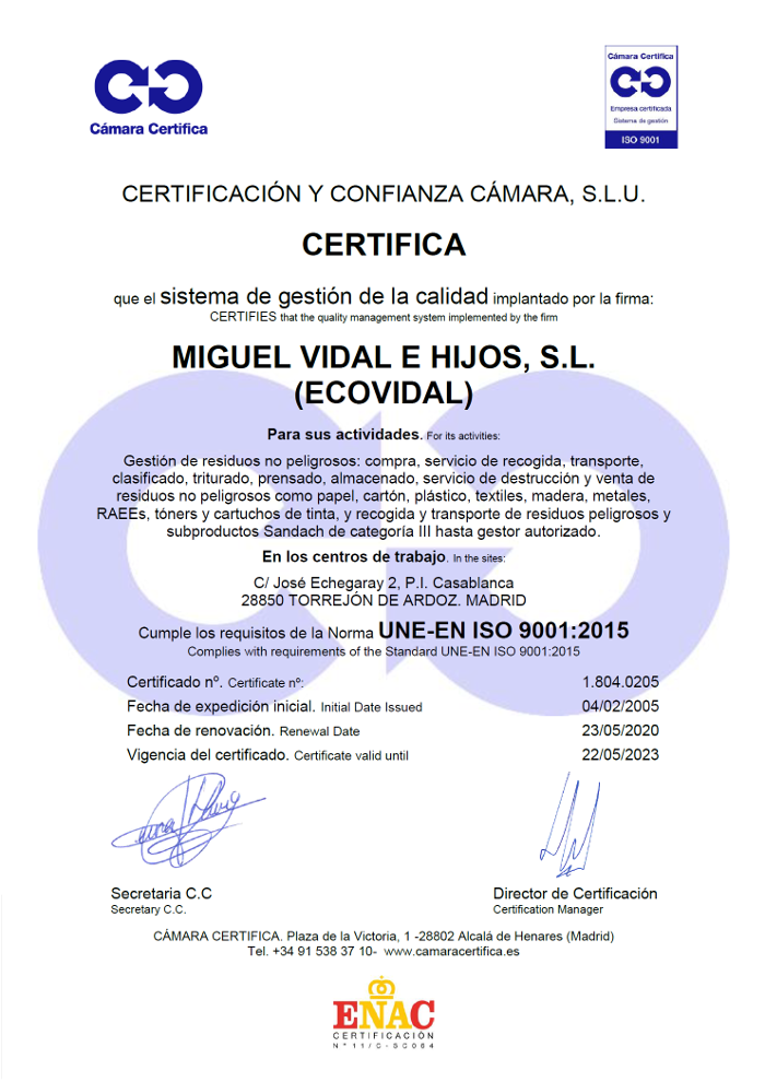Certificado de la camara oficial de comercio e industria de Madrid ISO 9001