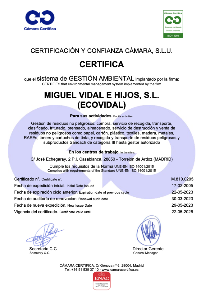 Certificado de la camara oficial de comercio e industria de Madrid ISO 14001